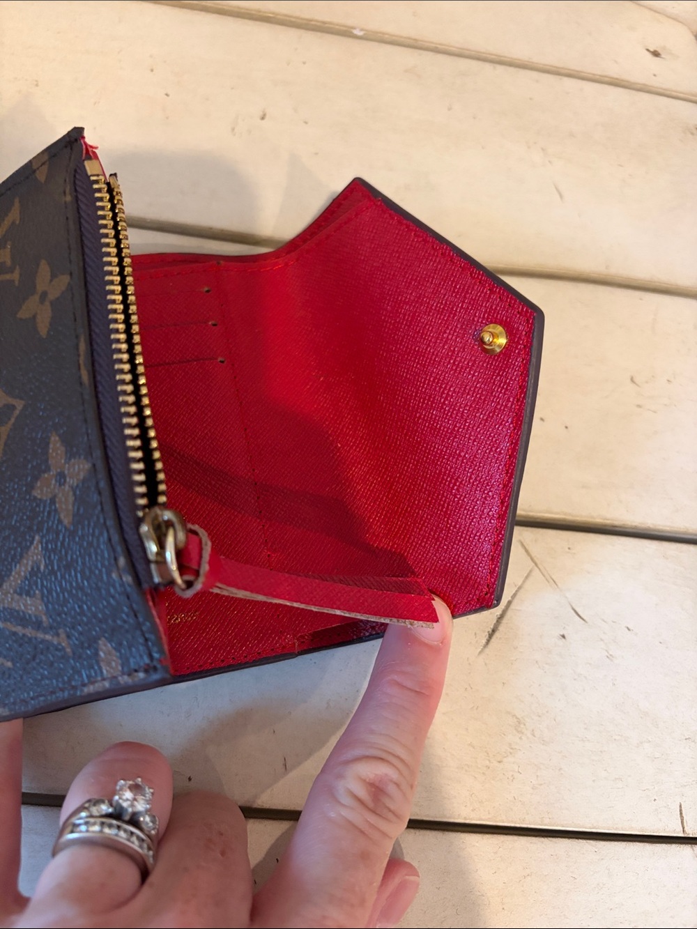 Brown Monogram Compact Wallet with Red Accent - Picture 4 of 4